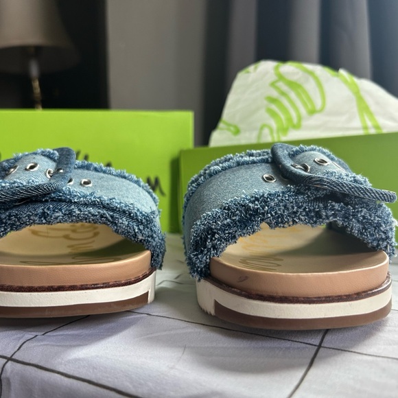 Sam Edelman Ariane Fray Blue Denim Slide Sandals - Picture 4 of 11